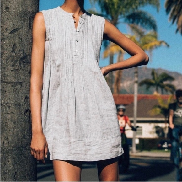 Faherty Isha Dress Linen Blue Mini Stripe Size S NEW - Picture 1 of 16